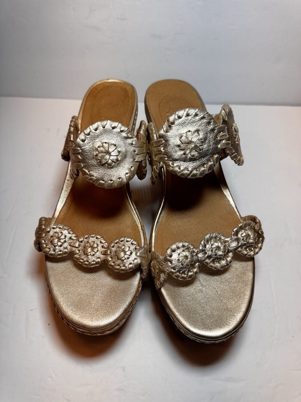9.5 Jack Rogers Cork Wedge Heels Platform Gold Medallion Summer Party Shoes